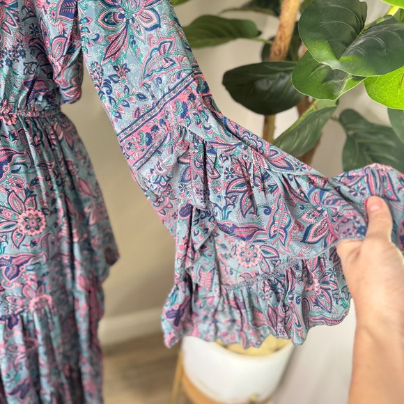 Karma Highway Blue Pink Peasant Boho Floral Long Sleeve Midi Dress Hippie - Picture 4 of 10